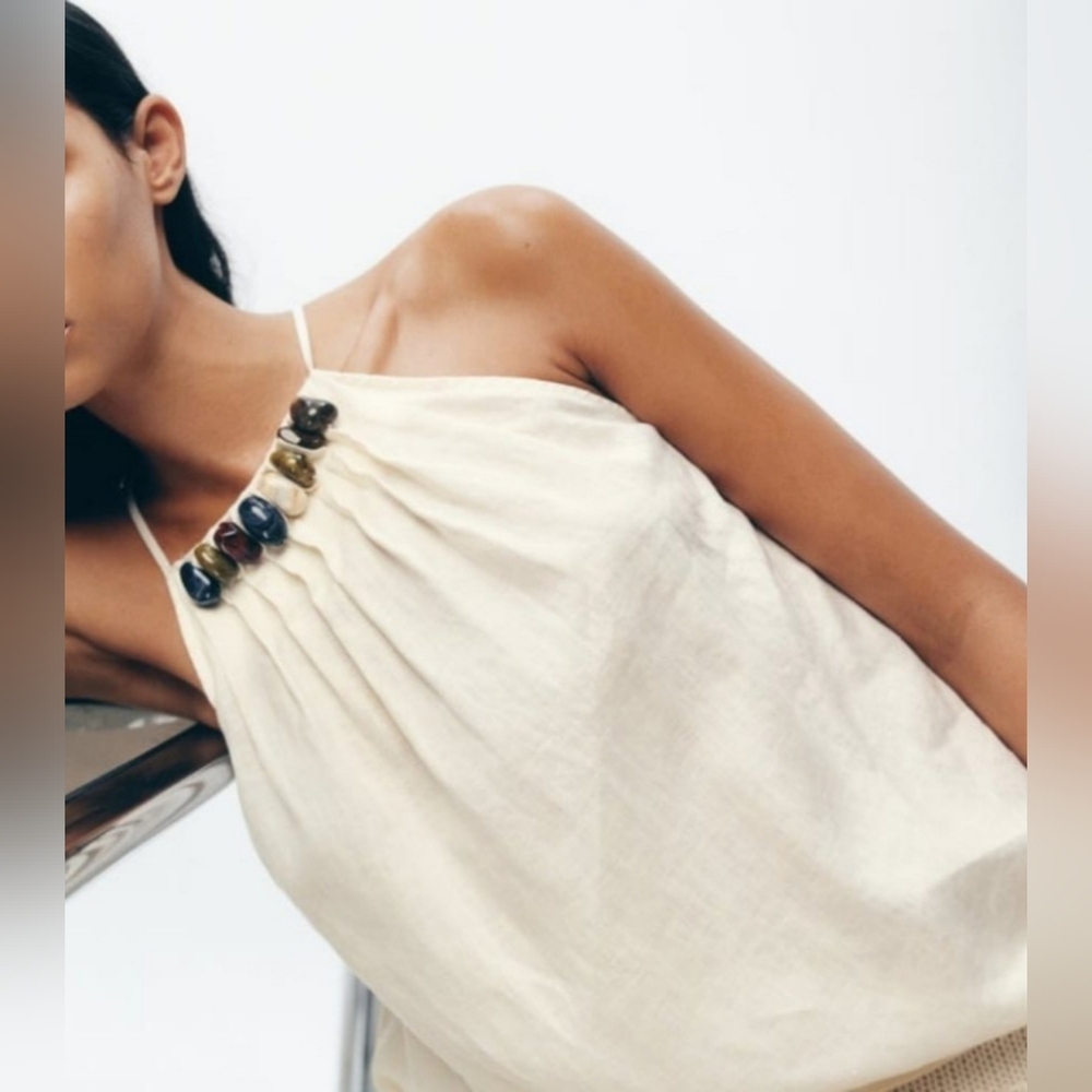 Zara Linen Cream Halter Top with Beaded Trim